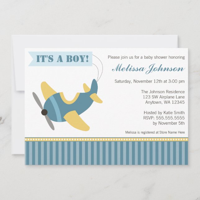 Aeroplane Stripes Boy Baby Shower Invitations (Front)