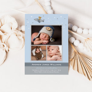 Aeroplane Teddy Baby Boy Blue and Grey Photo Birth Announcement