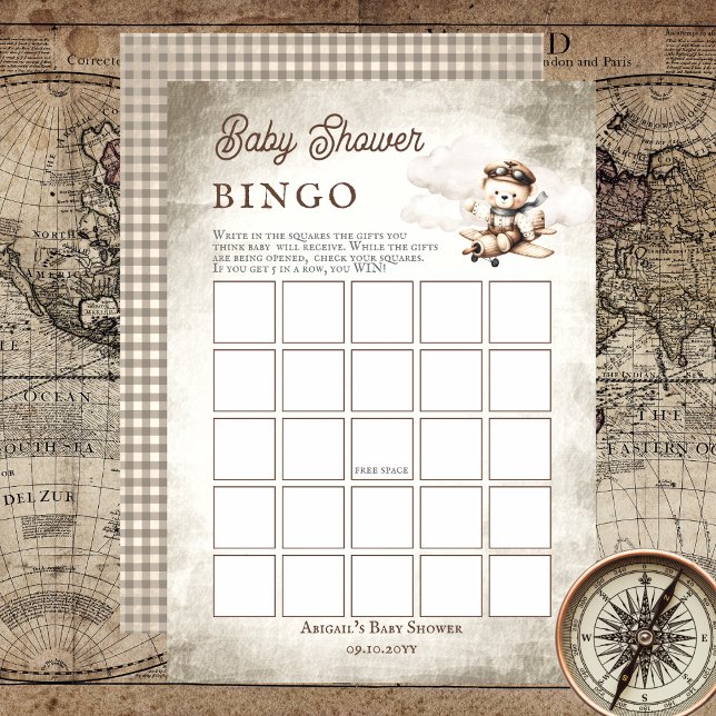 Aeroplane Teddy Bear Baby Shower Bingo Game Invitation (Cute "Special Delivery Via Airmail . . . It's A Boy!" Teddy Bear | Airplane Baby Shower Bingo Game)