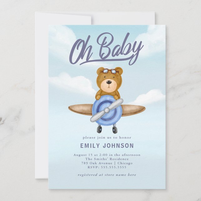 Aeroplane Teddy Bear Baby Shower Invitation (Front)