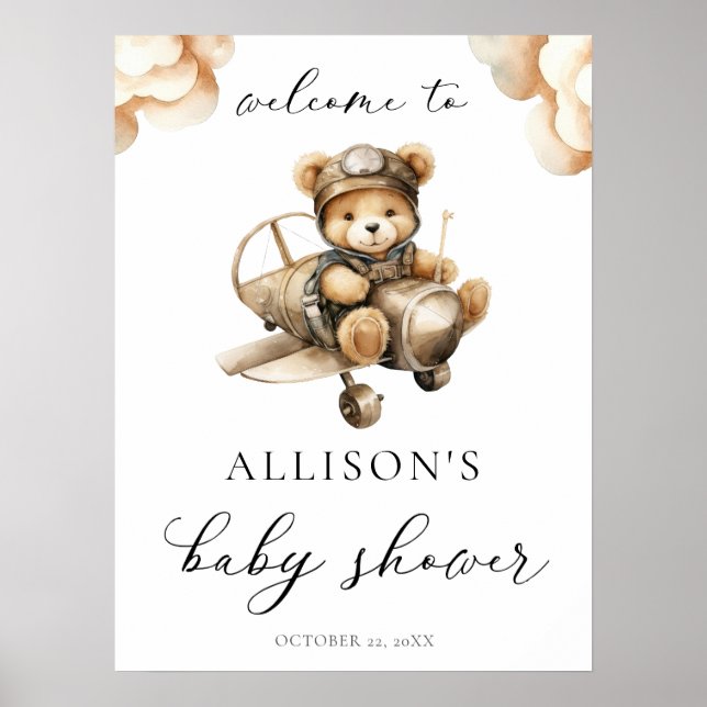 Aeroplane teddy bear baby shower welcome sign (Front)