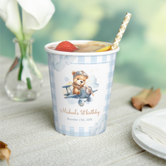 Aeroplane Teddy Bear Blue 1st Birthday Paper Cups (Insitu)