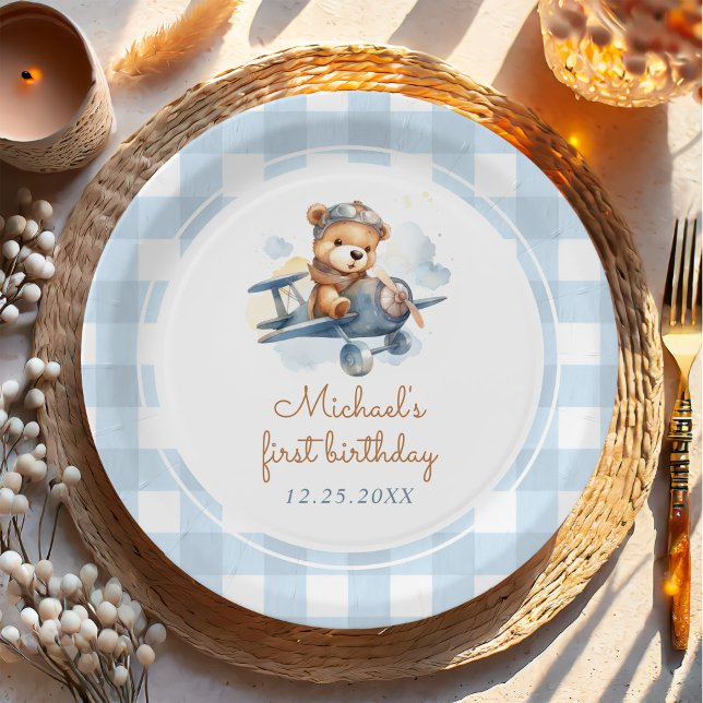 Aeroplane Teddy Bear Blue 1st Birthday Paper Plate (Creator Uploaded)