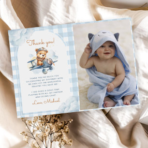 Aeroplane Teddy Bear Blue 1st Birthday Photo Thank You Card