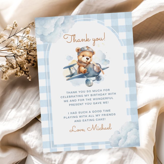 Aeroplane Teddy Bear Blue 1st Birthday Thank You Card (Creator Uploaded)