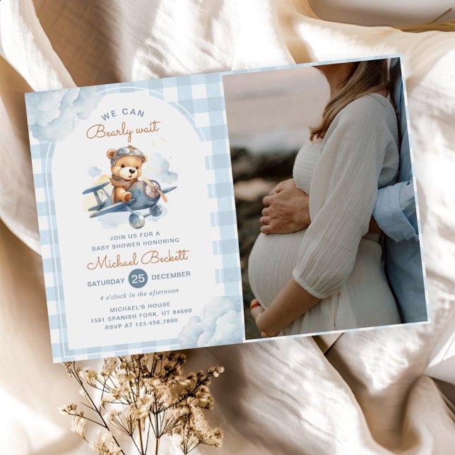 Aeroplane Teddy Bear Blue Boy Baby Shower Photo Invitation (Creator Uploaded)