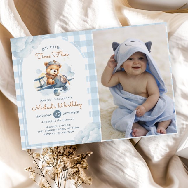 Aeroplane Teddy Bear Blue Time Flies Birthday Phot Invitation (Creator Uploaded)