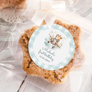 Aeroplane Teddy Bear Pastel Gingham 1st Birthday Classic Round Sticker