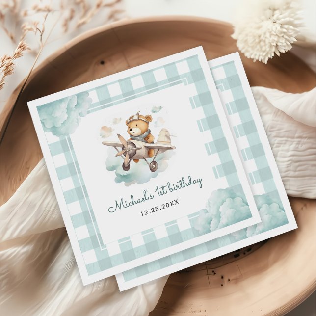 Aeroplane Teddy Bear Pastel Gingham 1st Birthday Napkin (Creator Uploaded)