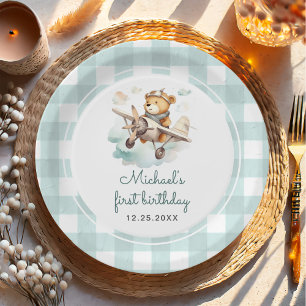 Aeroplane Teddy Bear Pastel Gingham 1st Birthday Paper Plate