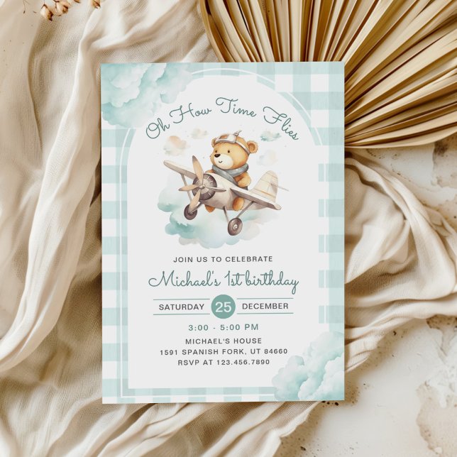 Aeroplane Teddy Bear Pastel Time Flies Birthday Invitation (Creator Uploaded)