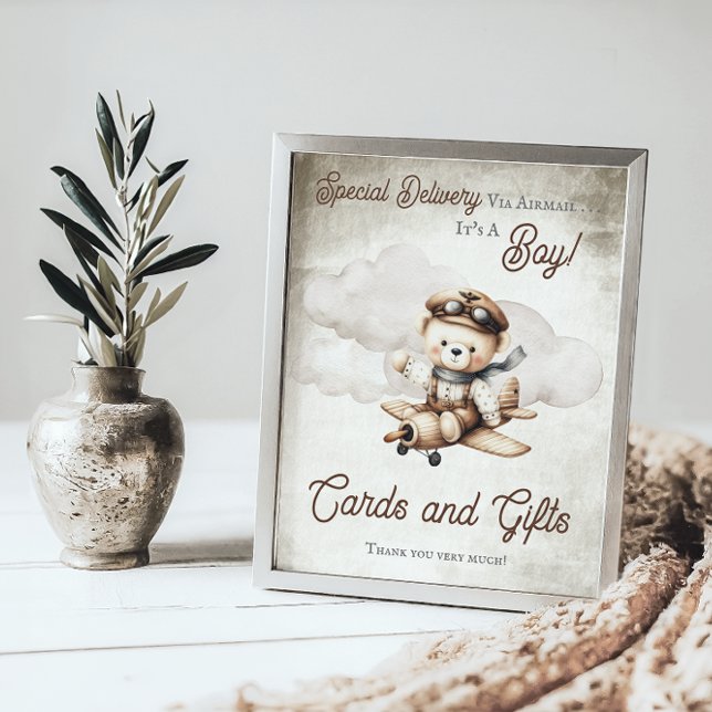 Aeroplane Teddy Bear Shower Cards and Gifts Sign ("Special Delivery Via Airmail  It's A Boy!" Teddy Bear Airplane Baby Shower Cards and Gifts Sign)
