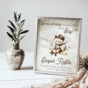 Aeroplane Teddy Bear Shower Diaper Raffle Sign