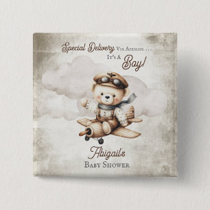 Aeroplane Teddy Bear Special Delivery Baby Shower 15 Cm Square Badge