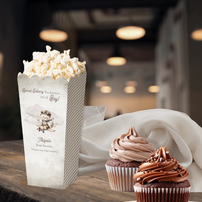 Aeroplane Teddy Bear Special Delivery Baby Shower Favour Box ("Special Delivery Via Airmail . . . It's A Boy!" Teddy Bear | Airplane Baby Shower Popcorn Favor Box)