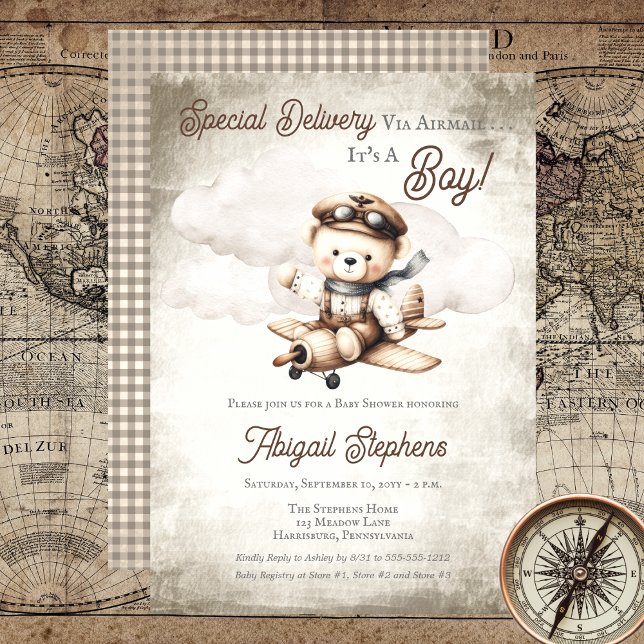 Aeroplane Teddy Bear Special Delivery Baby Shower Invitation (Cute "Special Delivery Via Airmail . . . It's A Boy!" Teddy Bear | Airplane Baby Shower Invitation)