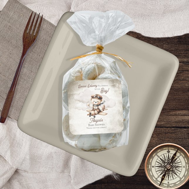 Aeroplane Teddy Bear Special Delivery Baby Shower Square Sticker (Cute "Special Delivery Via Airmail . . . It's A Boy!" Teddy Bear Airplane Baby Shower Favor Stickers)