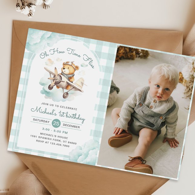 Aeroplane Teddy Bear Time Flies Birthday Photo Invitation (Creator Uploaded)