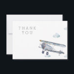 Aeroplane Thank You Card<br><div class="desc">A dark red,  cool grey,  and army green brings this playful invitation together. Accented by blue/grey clouds and a watercolor biplane.</div>
