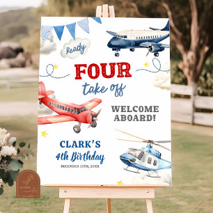 Aeroplane Theme Boy 4th Birthday Welcome Sign