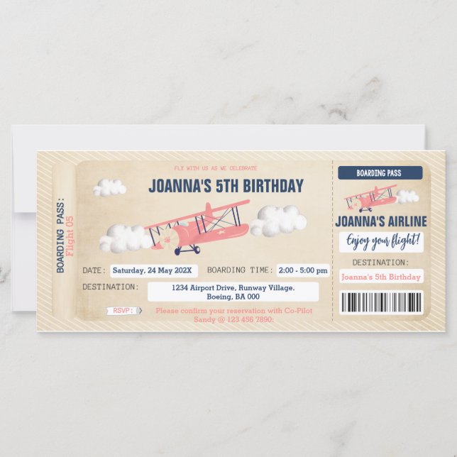 Aeroplane Ticket Birthday Invitation for a Girl (Front)