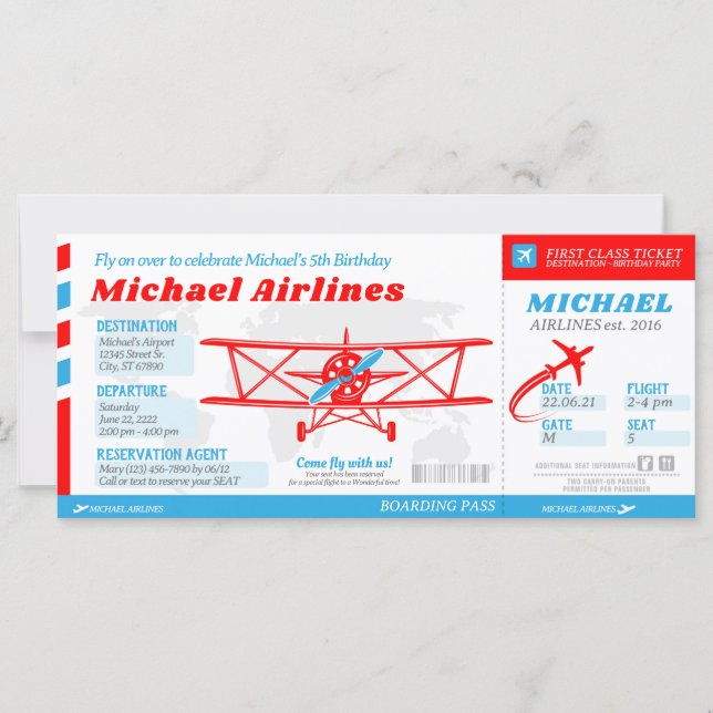 Aeroplane Ticket Boarding Pass Style Invitation (Front)