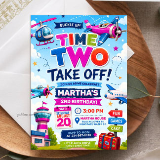 Aeroplane Time Two Take Off 2nd Girl Birthday  Invitation