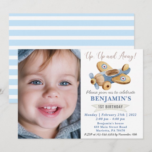 Aeroplane Toy 1st Birthday with Your Photo Invitation (Front/Back)