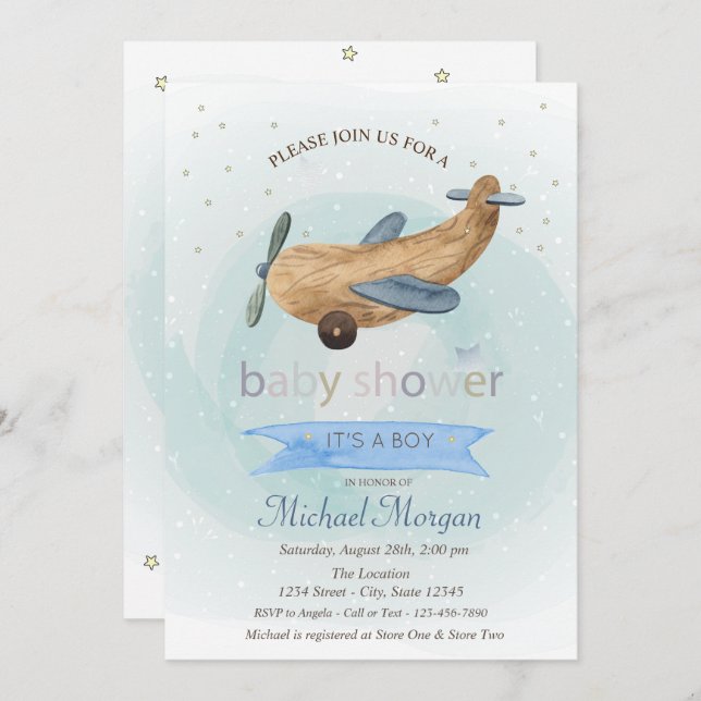 Aeroplane Toy,Stars Presents Blue Baby Shower  Invitation (Front/Back)