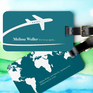 Aeroplane Trail, World Map, Blue Luggage Tag