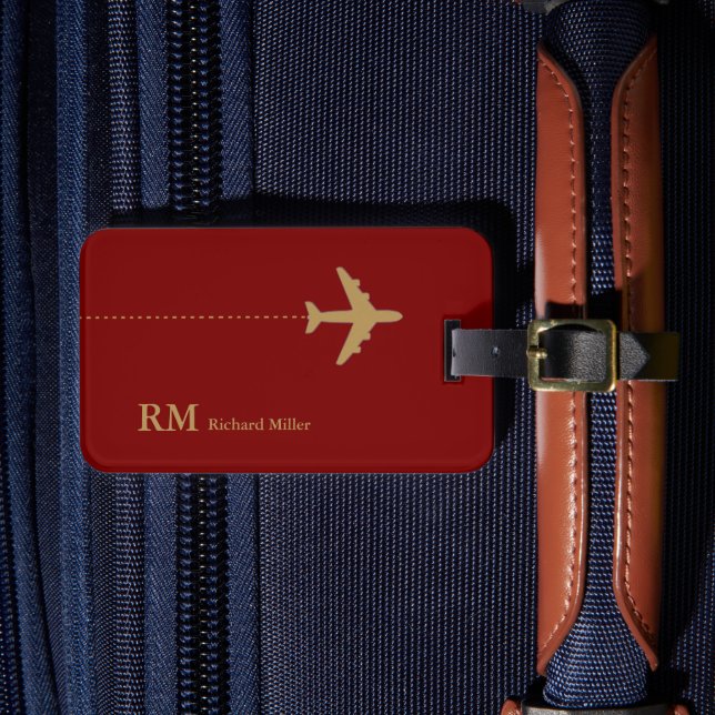 Aeroplane Travel Personalised Dark Red  Luggage Tag (Front Insitu 4)