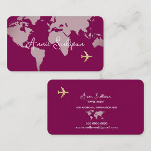 Aeroplane Travel World Map on Wine Colour Business Card