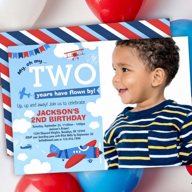 Aeroplane TWO Years Have Flown 2nd Birthday Photo Invitation (Creator Uploaded)