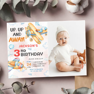 Aeroplane Up & Away 3rd Birthday Party Photo Invitation