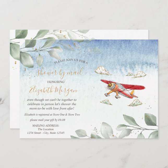 Aeroplane Virtual Baby Shower By Mail Invitation (Front/Back)