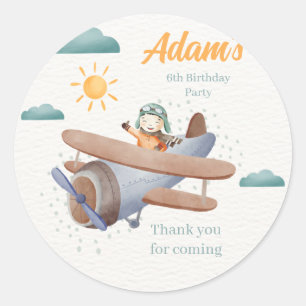 Aeroplane Watercolor 6th birthday round Sticker