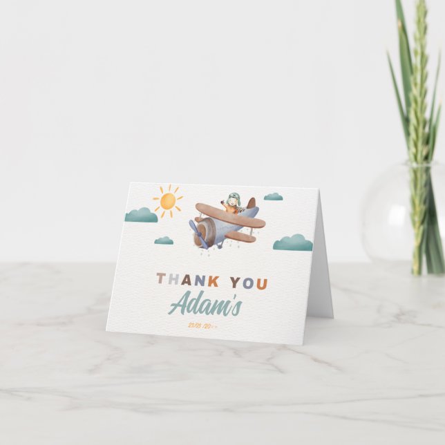 Aeroplane Watercolor birthday Folded Thank You Car Card (Front)