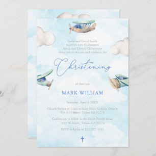 Aeroplane Whimsical Watercolor Christening Party Invitation