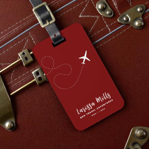 Aeroplane with dotted route dark-red luggage tag