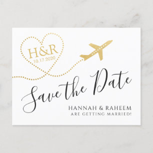 Aeroplane with Heart Destination Wedding Save Date Announcement Postcard