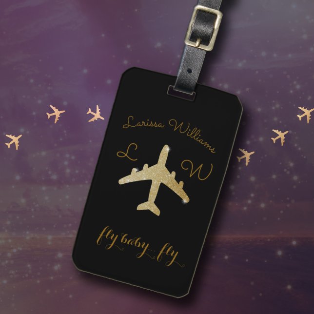 Aeroplane with Name & Initials, Golden Travel Luggage Tag (Creator Uploaded)