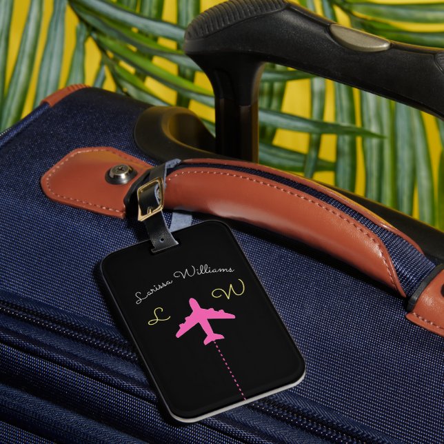 aeroplane with name & initials pink travel luggage tag (Front Insitu 1)