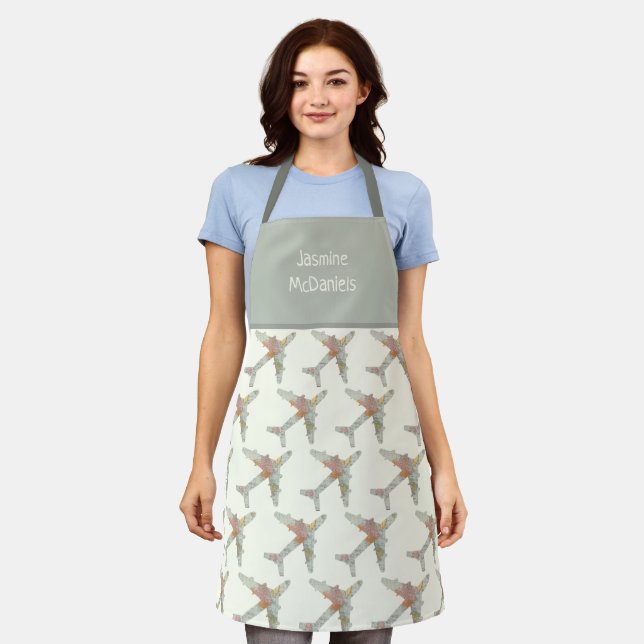 Aeroplane world map custom name apron (Worn)