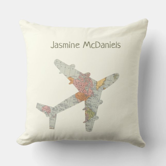 Aeroplane world map custom name cushion (Front)