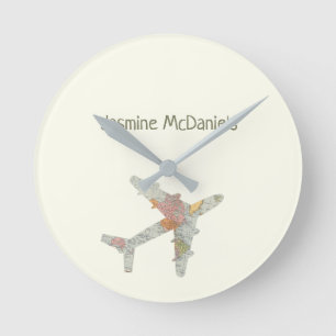 Aeroplane world map custom name round clock
