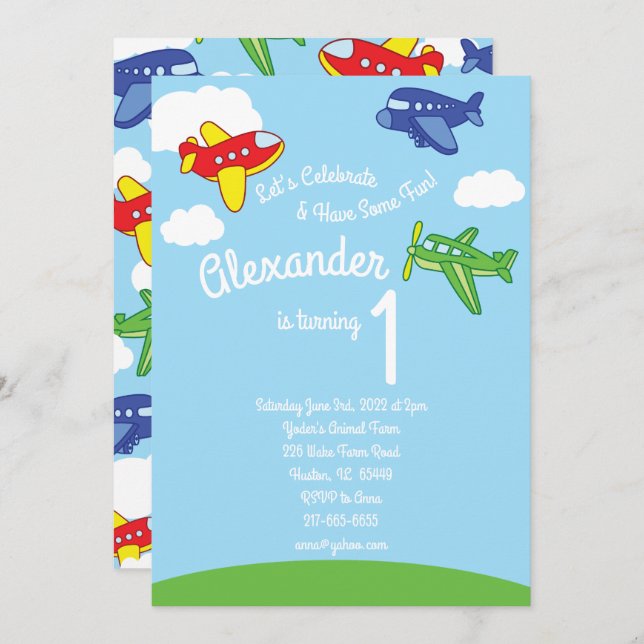 Aeroplanes 1st Birthday Cute Boy Invitations (Front/Back)