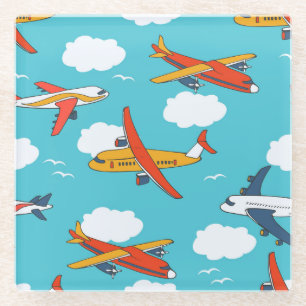 Aeroplanes and clouds, seamless children's backgro glass coaster