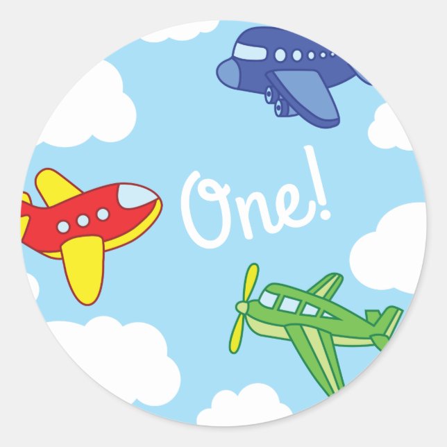 Aeroplanes and Jets Cute 1st Birthday Party Classic Round Sticker (Front)