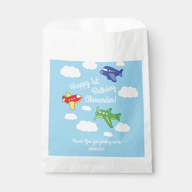 Aeroplanes and Jets Cute 1st Birthday Party Favour Bag (Front)