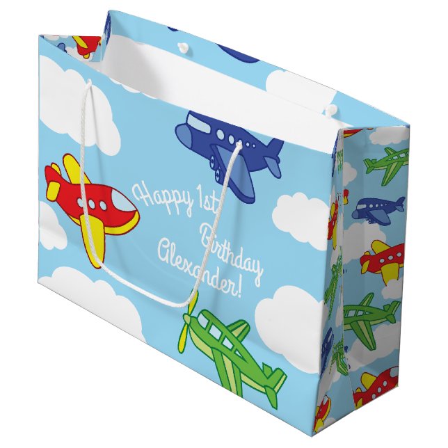 Aeroplanes and Jets Cute 1st Birthday Party Large Gift Bag (Front Angled)